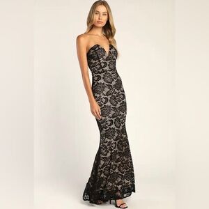 NWT Lulu's Sexy Sophisticated Black Lace Strapless Trumpet Gown Size Small